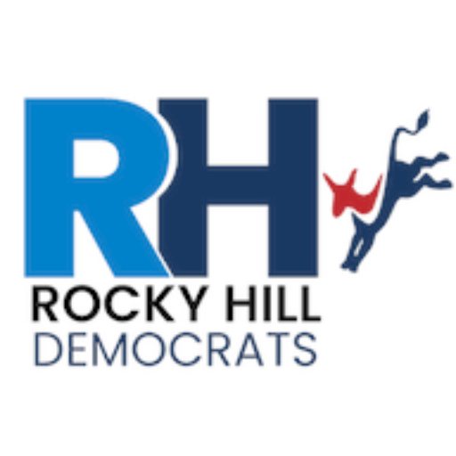 cropped-Rocky-Hill-Democrats-Logo-white.png The Rocky Hill Democrats Logo. A big RH and a donkey are visible.