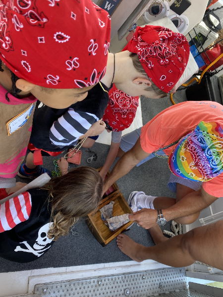 children with bandanas look as an adult opens a treasure box