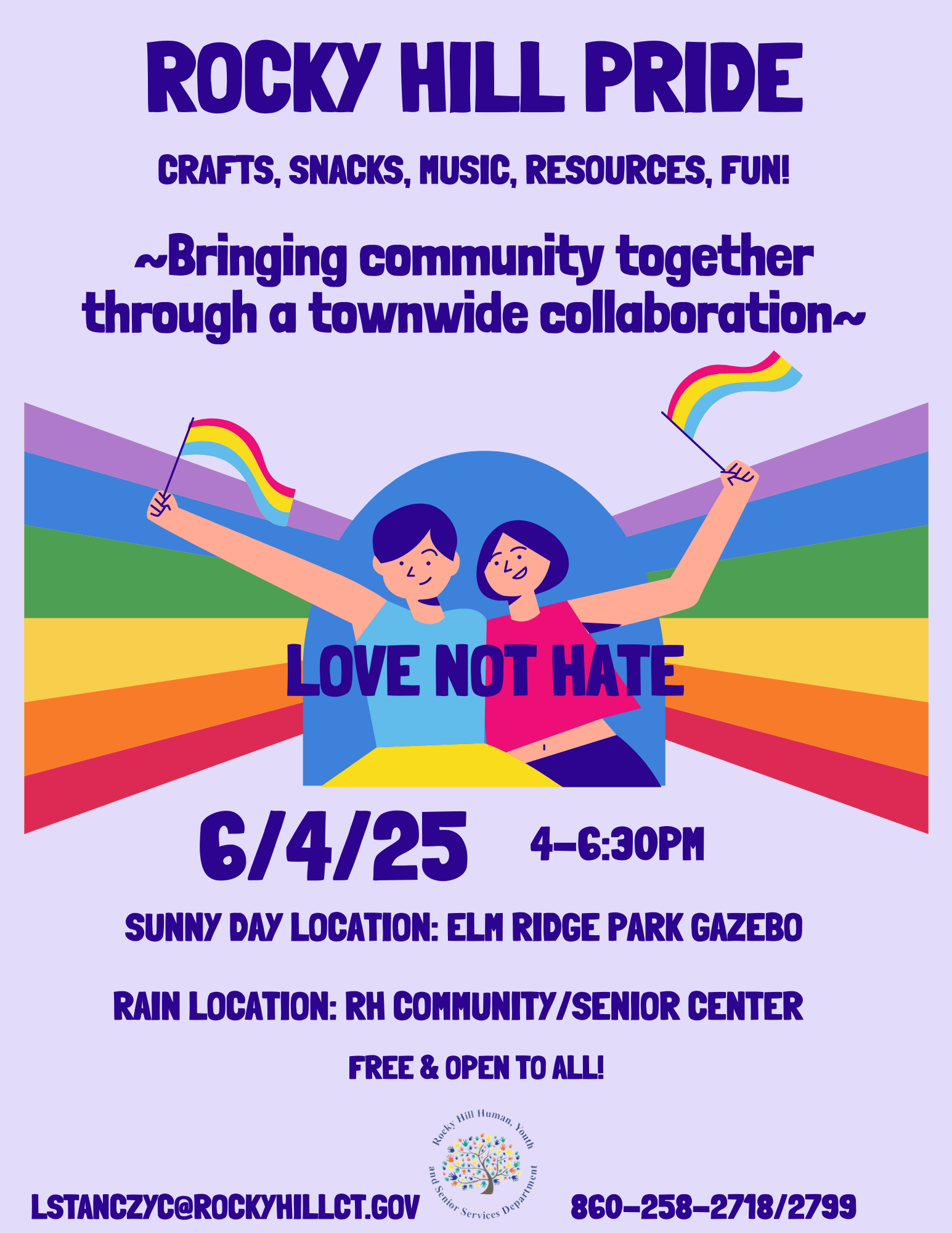 An event flier for 6/4/2025 CRAFTS, SNACKS, MUSIC, RESOURCES, FUN! ~Bringing community together through a townwide collaboration~