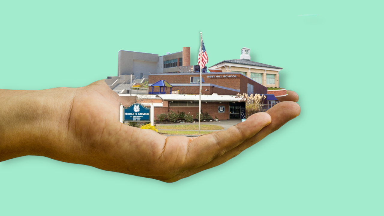 a hand holds west hill, stevens, moser, and the high school
