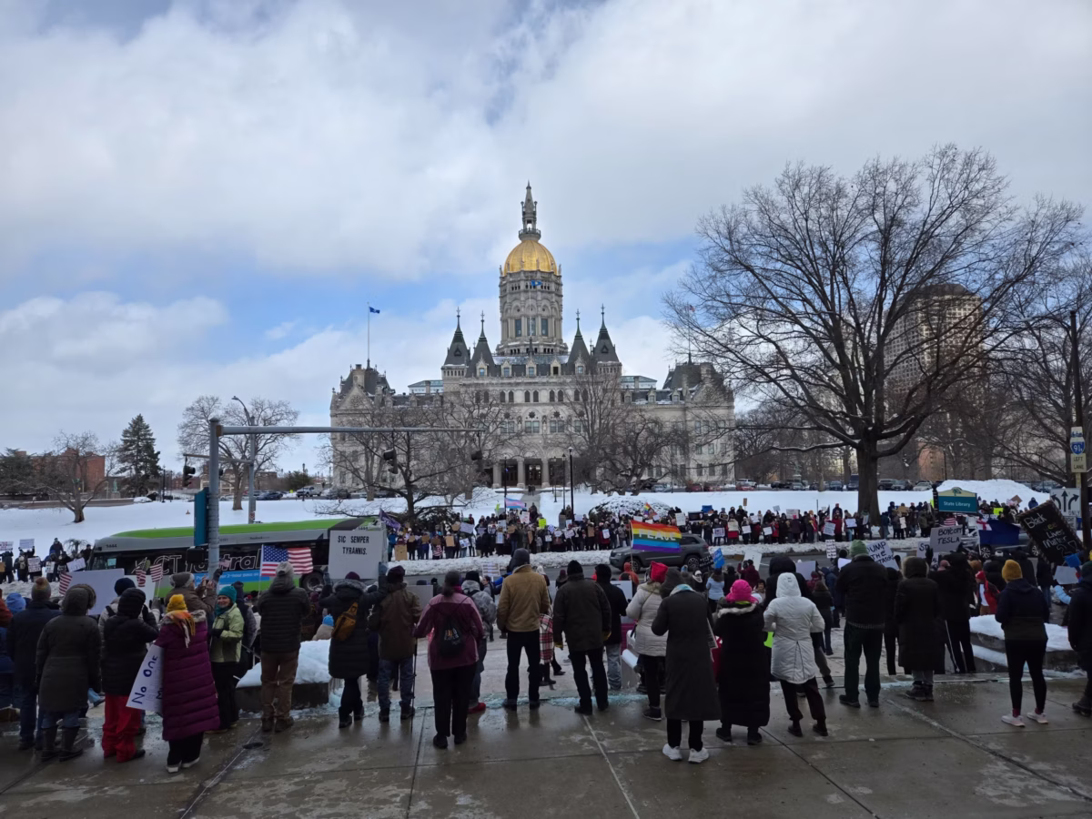 The hartford capitol building and a protest