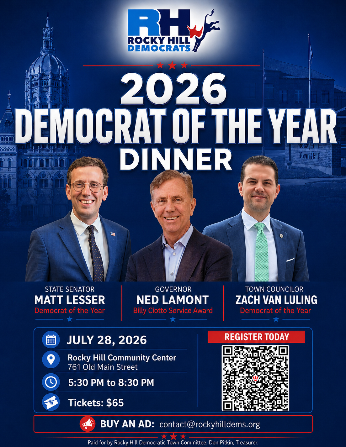 Democrat of the year event flier with Ned Lamont, Matt Lesser, and Zach van Luling